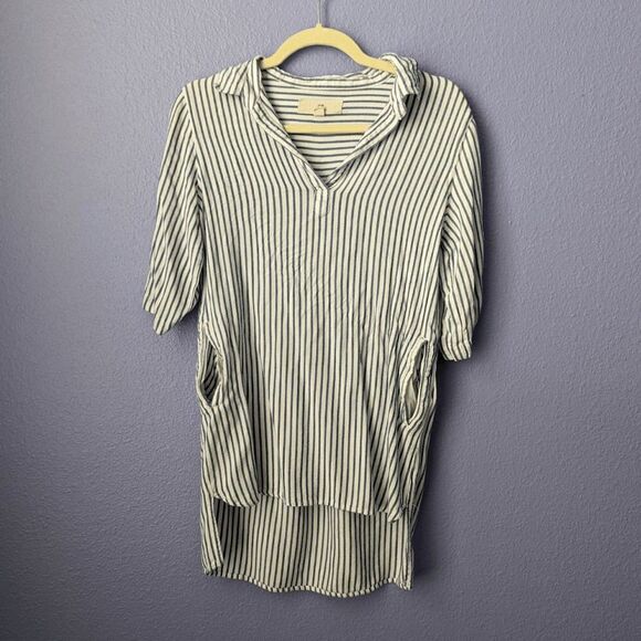 Women's Thread & Supply Blouse Vertical Striped Roll Tab Sleeve Small Pockets - Picture 1 of 8